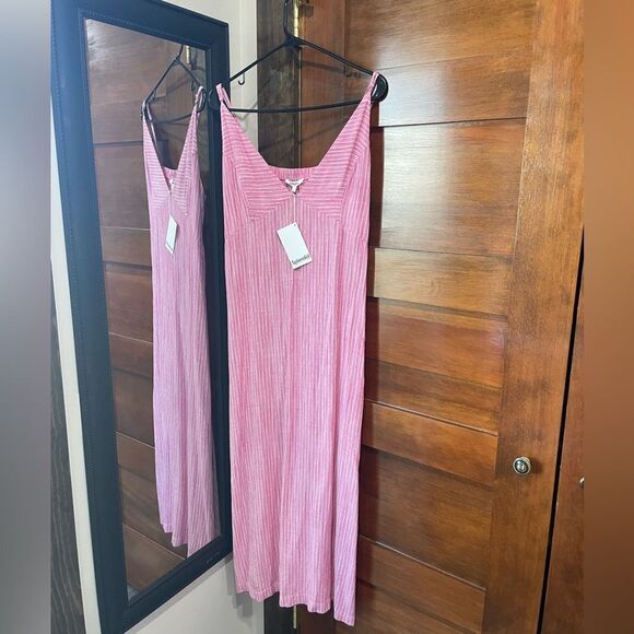 New Splendid Pink & White Midi Dress Linen Blend Vertical Striped Size Large - Picture 6 of 10